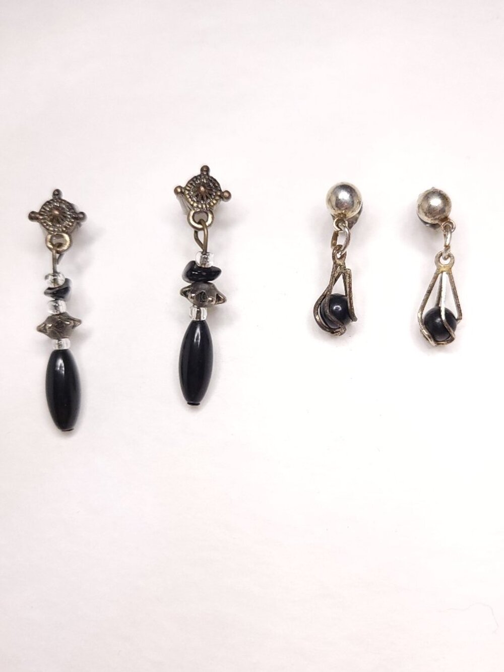 Two Pair Black Bead and Silver Tone Pierced Earrings